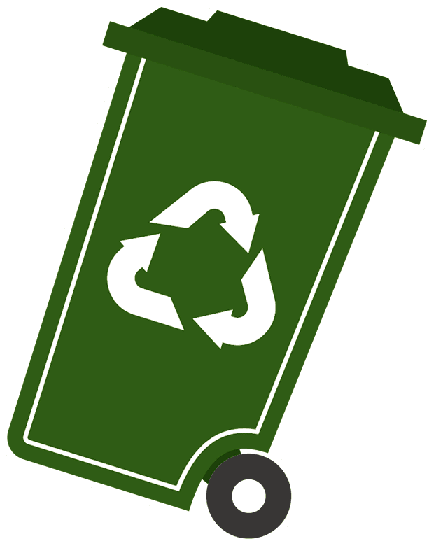Lixeira verde de reciclagem com símbolo de reciclagem branco, inclinada, para descarte ecológico.