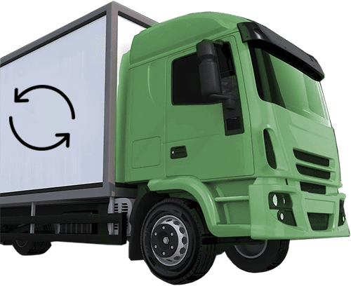 Caminhão verde com reboque branco e símbolo de reciclagem, representando logística sustentável e entrega ecológica.
