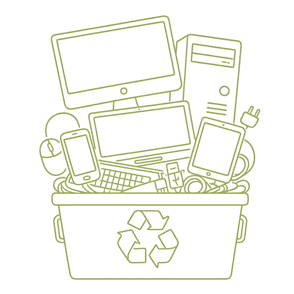 Lixeira de reciclagem cheia de eletrônicos antigos: monitor, CPU, notebook, celular, tablet, mouse, teclado. Descarte de e-waste.