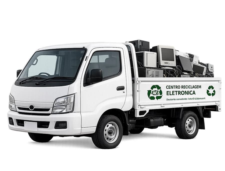 Caminhão branco de coleta de lixo eletrônico com monitores e computadores antigos, exibindo 'Centro Reciclagem Eletrônica'.